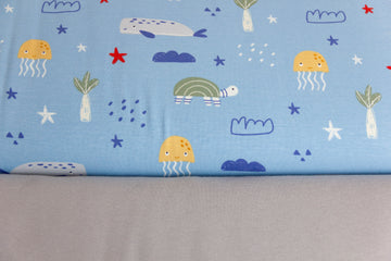 Stoffpaket Jersey + Bündchen mit Meerestieren, maritim, hellblau, hellgrau